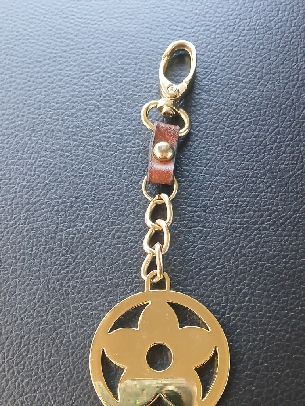 Gold-Tone Metal and Brown Leather Key & Card Holder Charm